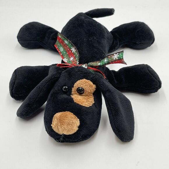 Target Friendzies 9" Plush Black Brown Puppy Dog Eye Spot Beanbag Holiday Bow - Picture 1 of 9